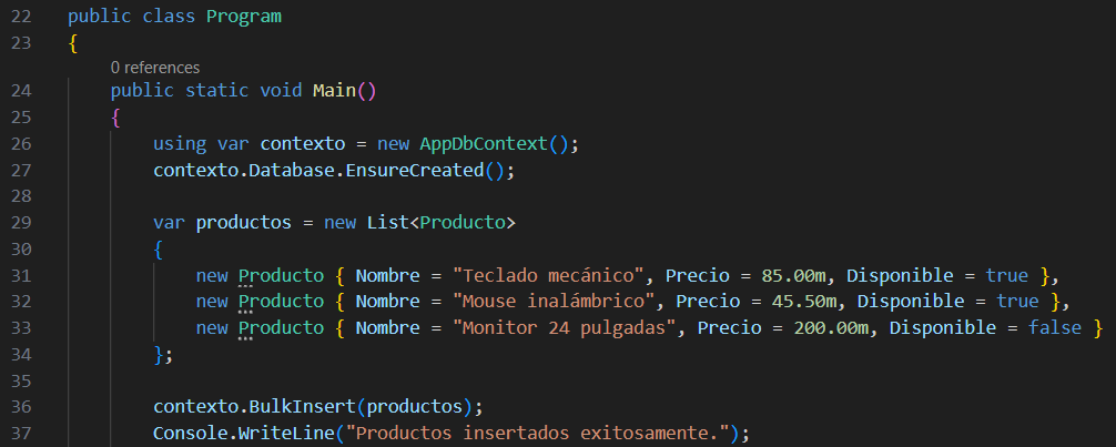 Código de ejemplo usando BulkInsert con EF Core y SQL Server en una aplicación de consola C#
