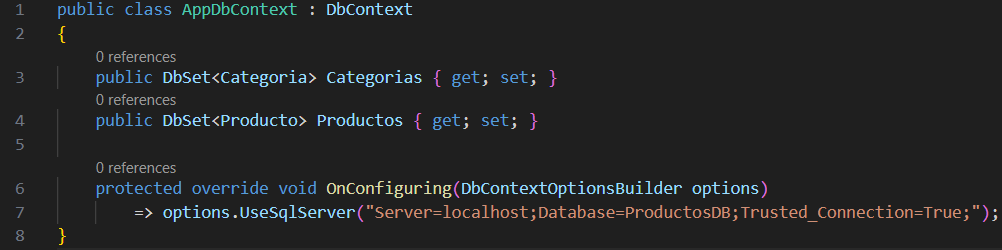 Clase AppDbContext configurada con SQL Server en un proyecto EF Core