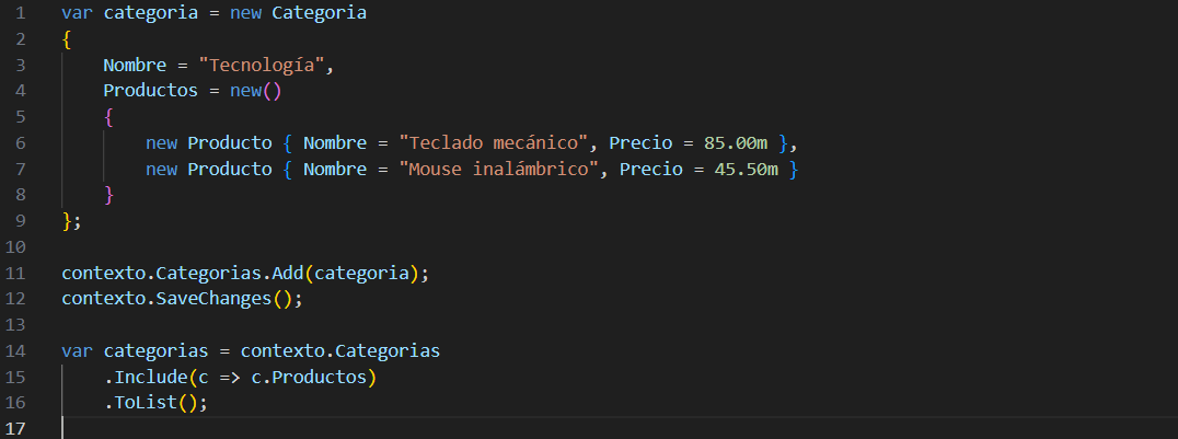 Ejemplo de inserción de categoría con productos y consulta usando Include en EF Core con SQL Server