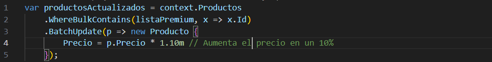 Captura de pantalla en Visual Studio mostrando cómo usar WhereBulkContains y BatchUpdate para actualizar registros en EF Core