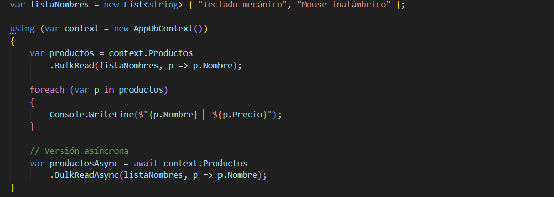 Código en C# que muestra el uso de BulkRead y BulkReadAsync en EF Core con Entity Framework Extensions para filtrar productos desde una lista de nombres