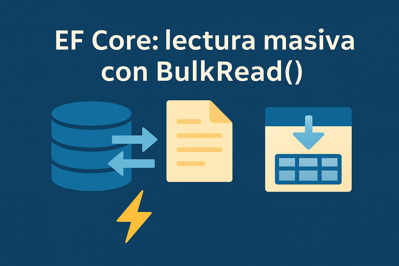 Ilustración con base de datos, flechas de lectura, lista de datos y tabla, con el título “EF Core: lectura masiva con BulkRead()” sobre fondo azul