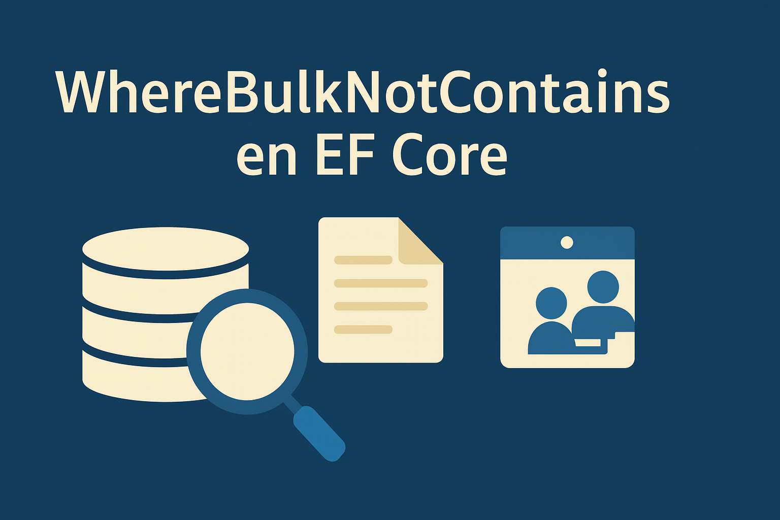 Ilustración sobre WhereBulkNotContains en EF Core, con íconos de base de datos, lupa y filtros